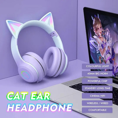 Cat ausinės ausinės Bluetooth belaidės muzikos ausinės Rgb LED šviesos gradiento spalvotos mikrofoninės ausinės kompiuteriniams žaidimams mados dovanos