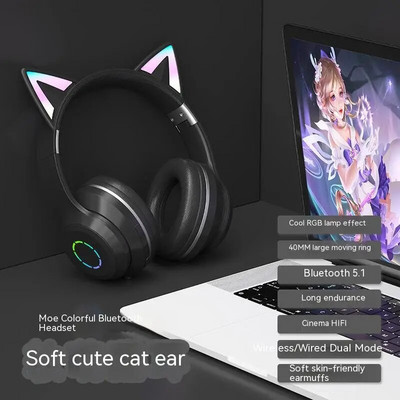 Cat ausinės ausinės Bluetooth belaidės muzikos ausinės Rgb LED šviesos gradiento spalvotos mikrofoninės ausinės kompiuteriniams žaidimams mados dovanos