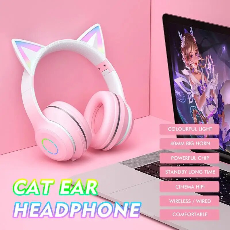 Cat ausinės ausinės Bluetooth belaidės muzikos ausinės Rgb LED šviesos gradiento spalvotos mikrofoninės ausinės kompiuteriniams žaidimams mados dovanos