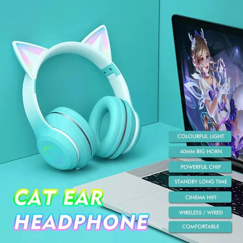 Cat ausinės ausinės Bluetooth belaidės muzikos ausinės Rgb LED šviesos gradiento spalvotos mikrofoninės ausinės kompiuteriniams žaidimams mados dovanos
