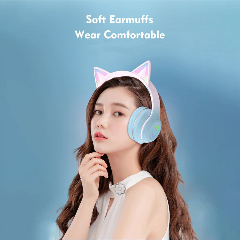 Cat ausinės ausinės Bluetooth belaidės muzikos ausinės Rgb LED šviesos gradiento spalvotos mikrofoninės ausinės kompiuteriniams žaidimams mados dovanos