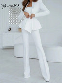 Yitimuceng White Fashion 2 daļiņu komplekts sievietēm, 2023. gada jauns, garām piedurknēm ar dziļu V kakla izgriezumu, seksīgs, plāns žakete un taisnu bikšu komplekts ar augstu vidukli