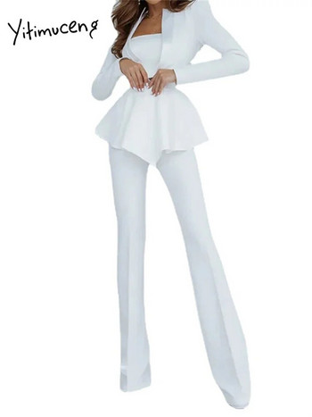 Yitimuceng White Fashion Σετ 2 τεμαχίων Γυναικείο 2023 Νέο μακρυμάνικο σε βαθύ V λαιμό σέξι λεπτό μπλέιζερ και ψηλόμεσο ίσιο παντελόνι