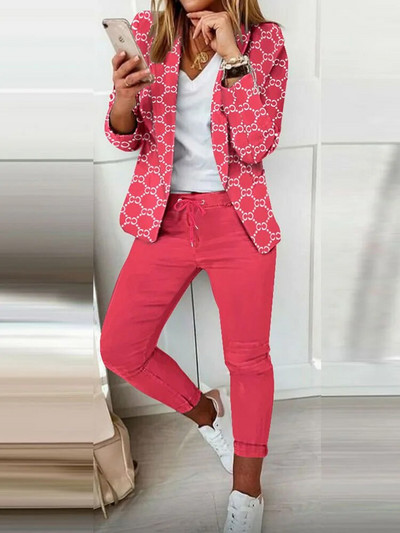 Drukāt sieviešu žakete ar garām piedurknēm, ikdienas ielas apģērbs, divdaļīgs, šaurs, nolaižams, mežģīņu tērps, 2023. gada jauni rudens ziemas bikškostīmi