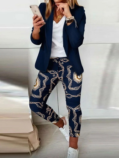 Drukāt sieviešu žakete ar garām piedurknēm, ikdienas ielas apģērbs, divdaļīgs, šaurs, nolaižams, mežģīņu tērps, 2023. gada jauni rudens ziemas bikškostīmi