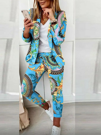 Drukāt sieviešu žakete ar garām piedurknēm, ikdienas ielas apģērbs, divdaļīgs, šaurs, nolaižams, mežģīņu tērps, 2023. gada jauni rudens ziemas bikškostīmi