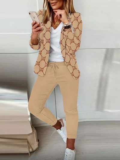 Drukāt sieviešu žakete ar garām piedurknēm, ikdienas ielas apģērbs, divdaļīgs, šaurs, nolaižams, mežģīņu tērps, 2023. gada jauni rudens ziemas bikškostīmi