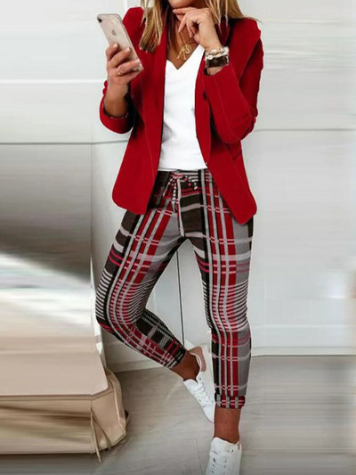 Drukāt sieviešu žakete ar garām piedurknēm, ikdienas ielas apģērbs, divdaļīgs, šaurs, nolaižams, mežģīņu tērps, 2023. gada jauni rudens ziemas bikškostīmi