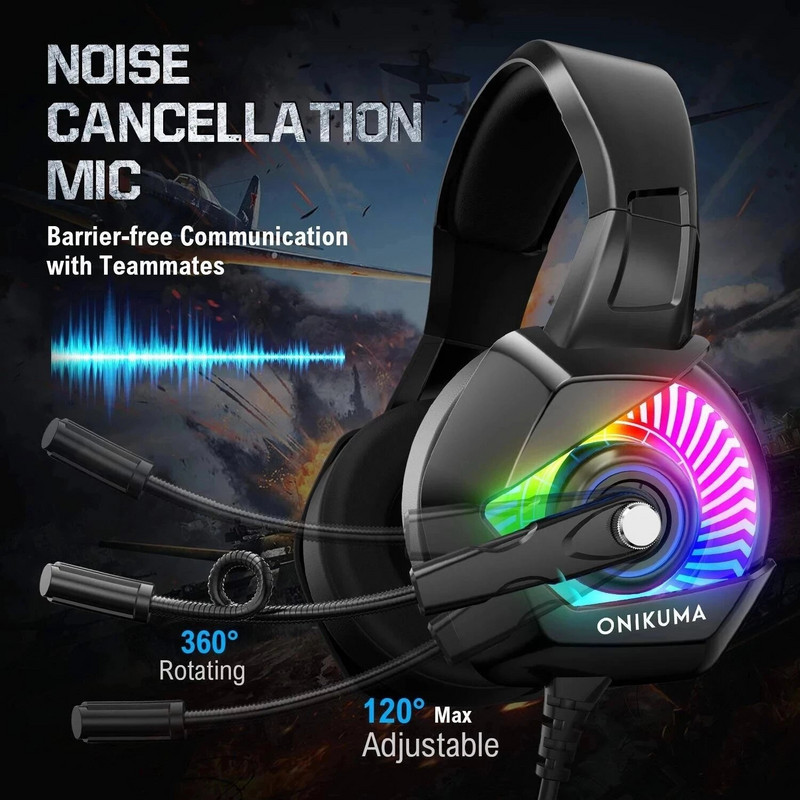 ONIKUMA K6 RGB Light Gaming USB fejhallgató Fizikai zajcsökkentés 7.1 Surround Compute Headset Fülhallgató Mikrofon PC PS4-hez