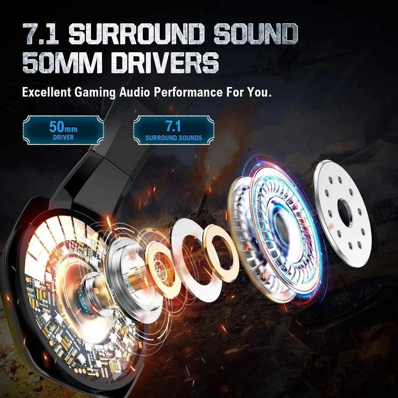 ONIKUMA K6 RGB Light Gaming USB fejhallgató Fizikai zajcsökkentés 7.1 Surround Compute Headset Fülhallgató Mikrofon PC PS4-hez
