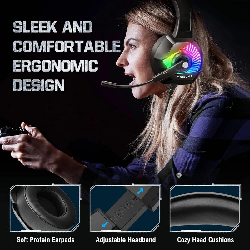 ONIKUMA K6 RGB Light Gaming USB fejhallgató Fizikai zajcsökkentés 7.1 Surround Compute Headset Fülhallgató Mikrofon PC PS4-hez