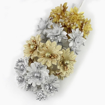 HUADODO 6 бр. Златен, сребърен блясък Букет цветя от изкуствена коприна за сватбена декорация Лесикон Направи си сам handcarft Фалшиви цветя