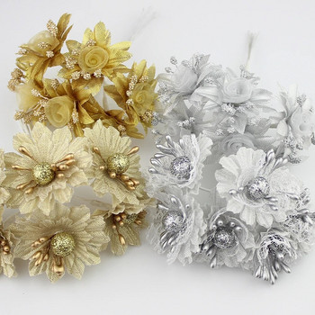 HUADODO 6 τμχ Golden Silver Glitter Μπουκέτο τεχνητό μεταξωτό λουλούδι για Στολισμό Γάμου Λεύκωμα DIY handcarft Fake λουλούδια