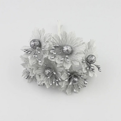 HUADODO 6gab Golden Silver Glitter Mākslīgā zīda ziedu pušķis kāzu dekorēšanai Scrapbook DIY rokas ratiņš Viltus ziedi