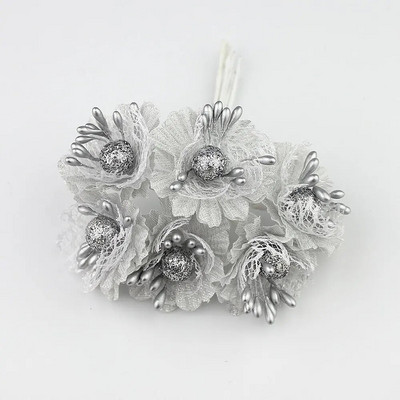 HUADODO 6gab Golden Silver Glitter Mākslīgā zīda ziedu pušķis kāzu dekorēšanai Scrapbook DIY rokas ratiņš Viltus ziedi