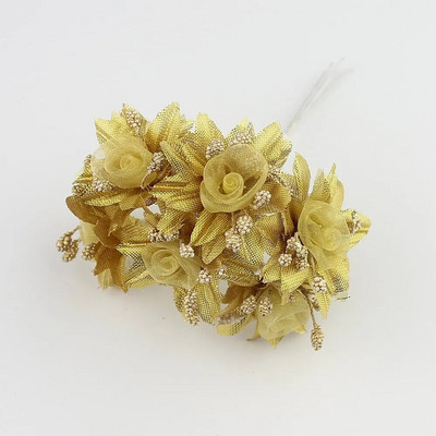 HUADODO 6gab Golden Silver Glitter Mākslīgā zīda ziedu pušķis kāzu dekorēšanai Scrapbook DIY rokas ratiņš Viltus ziedi
