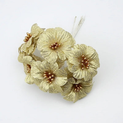 HUADODO 6gab Golden Silver Glitter Mākslīgā zīda ziedu pušķis kāzu dekorēšanai Scrapbook DIY rokas ratiņš Viltus ziedi