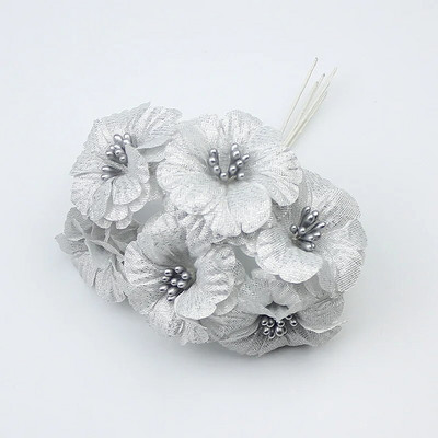 HUADODO 6gab Golden Silver Glitter Mākslīgā zīda ziedu pušķis kāzu dekorēšanai Scrapbook DIY rokas ratiņš Viltus ziedi