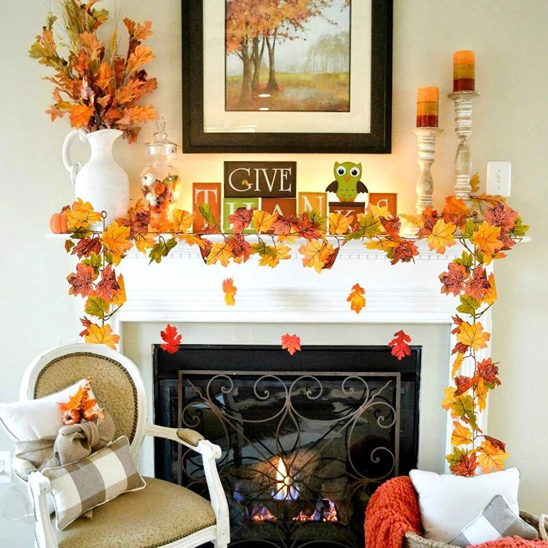 Mesterséges juharlevelek füzér piros őszi függő dekoráció hamis szőlő karácsonyra Halloween Hálaadás Party Kandalló