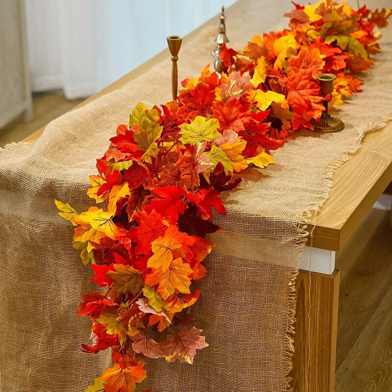 Mesterséges juharlevelek füzér piros őszi függő dekoráció hamis szőlő karácsonyra Halloween Hálaadás Party Kandalló
