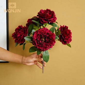 Μπουκέτο 45 εκ. Τριαντάφυλλο Ροζ Λευκό Μεταξωτό Παιώνια Τεχνητά Λουλούδια 5 μεγάλα κεφάλια φθηνά ψεύτικα λουλούδια για διακόσμηση γάμου σπιτιού εσωτερικού χώρου