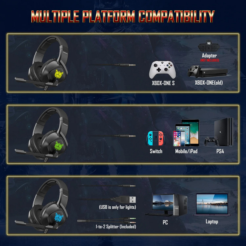 Spēļu austiņas Stereo Surround Bass Vadu austiņas Austiņas ar Mikrofonu RGB Light datoram PC PS4 PS5 XBox Gamer