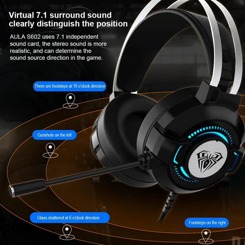 AULA S602 Žičane slušalice za igranje Bas Stereo slušalice RGB svjetlo Slušalice za igre s poništavanjem buke s mikrofonom za stolno računalo PC