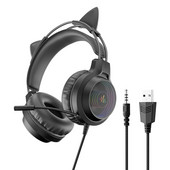 3,5 mm-es USB vezetékes vezérelt fejhallgató Dragon Eyes világító játék Aranyos macskafülre hordható számítógépes fülhallgató mikrofonnal PC laptophoz