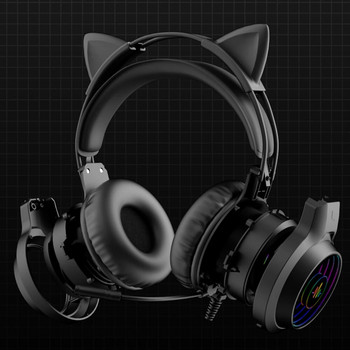 Ενσύρματο ελεγχόμενο ακουστικό USB 3,5 mm Dragon Eyes Luminous Gaming Cute Cat Ear Headworn ακουστικά υπολογιστή με μικρόφωνο για φορητό υπολογιστή