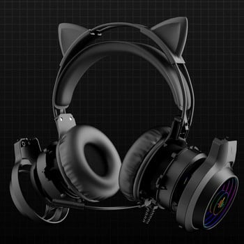 3,5 мм USB кабелна контролирана слушалка Dragon Eyes Luminous Gaming Cute Cat Ear Headworn Компютърни слушалки с микрофон за компютърен лаптоп