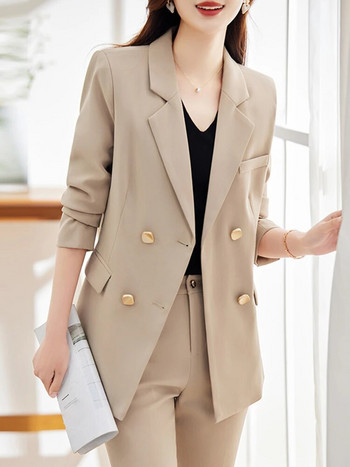 Circyy Office Wear Γυναικεία Φθινοπωρινά 2023 Φθινοπωρινά κοστούμια χακί παντελόνι με διπλό στήθος, μακρυμάνικο μπλέιζερ + ψηλόμεσο παντελόνι