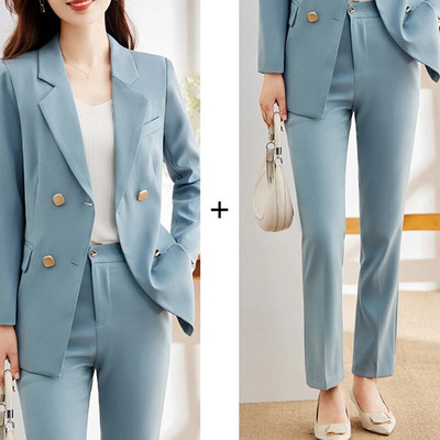 Circyy Uredska odjeća Ženska jesen 2023. Dvodijelna odijela s kaki hlačama, sako s dvostrukim kopčanjem i dugim rukavima + hlače s džepovima visokog struka