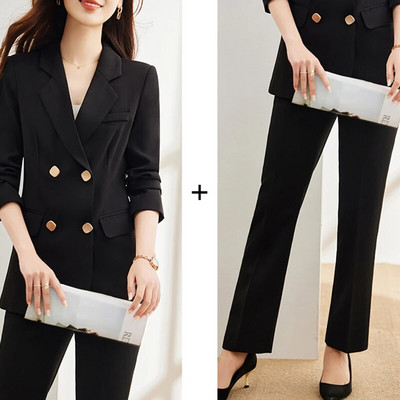 Circyy Uredska odjeća Ženska jesen 2023. Dvodijelna odijela s kaki hlačama, sako s dvostrukim kopčanjem i dugim rukavima + hlače s džepovima visokog struka