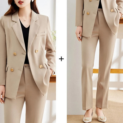 Circyy Uredska odjeća Ženska jesen 2023. Dvodijelna odijela s kaki hlačama, sako s dvostrukim kopčanjem i dugim rukavima + hlače s džepovima visokog struka