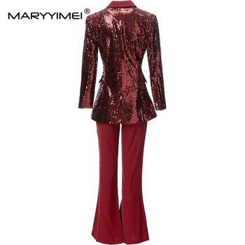 MARYYIMEI Runway High Street Fashion Designer Γυναικεία παγιέτα Κόκκινο σακάκι + Ψηλόμεσο Παντελόνι με άνθηση 2 τμχ Σετ 2023 Νεότερο