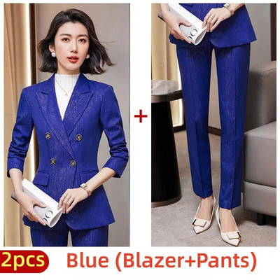 Moterų madingų kelnių, mėlynų rudų, juodų švarkų ir kelnių kostiumų grupės, biuro moteriški darbo kostiumai, 2023 m. rudens žiemos kostiumai