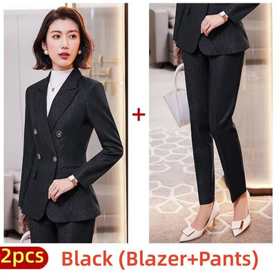 Moterų madingų kelnių, mėlynų rudų, juodų švarkų ir kelnių kostiumų grupės, biuro moteriški darbo kostiumai, 2023 m. rudens žiemos kostiumai