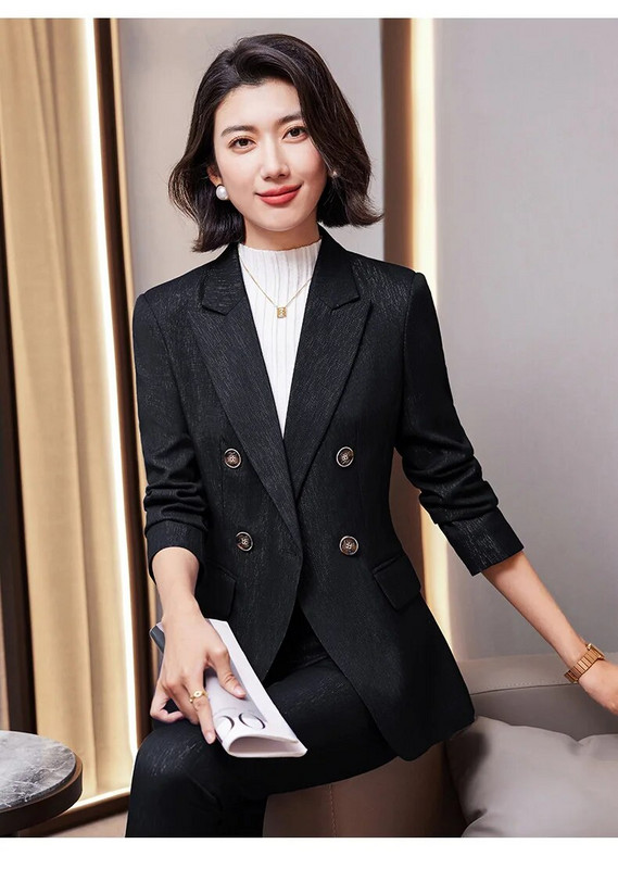 Moterų madingų kelnių, mėlynų rudų, juodų švarkų ir kelnių kostiumų grupės, biuro moteriški darbo kostiumai, 2023 m. rudens žiemos kostiumai