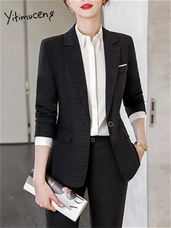 Yitimuceng Στερεά γυναικεία κοστούμια Σετ γραφείου 2023 Νέα μόδα, μακρυμάνικο μπλέιζερ με μονό κουμπί, Vintage ψηλόμεσο παντελόνι