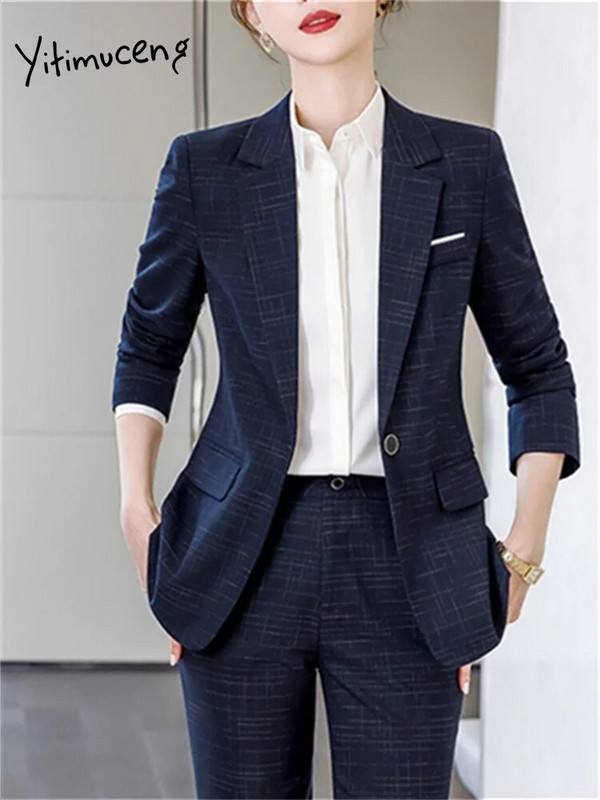 Yitimuceng Solid Sieviešu uzvalki Biroja komplekti 2023. gada jauni modes plāni, ar vienu pogu, garām piedurknēm, bleizeri ar augstu vidukli.