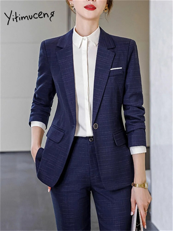 Yitimuceng Solid Sieviešu uzvalki Biroja komplekti 2023. gada jauni modes plāni, ar vienu pogu, garām piedurknēm, bleizeri ar augstu vidukli.