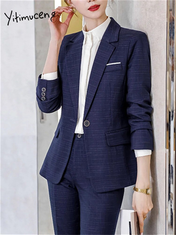 Yitimuceng Solid Sieviešu uzvalki Biroja komplekti 2023. gada jauni modes plāni, ar vienu pogu, garām piedurknēm, bleizeri ar augstu vidukli.