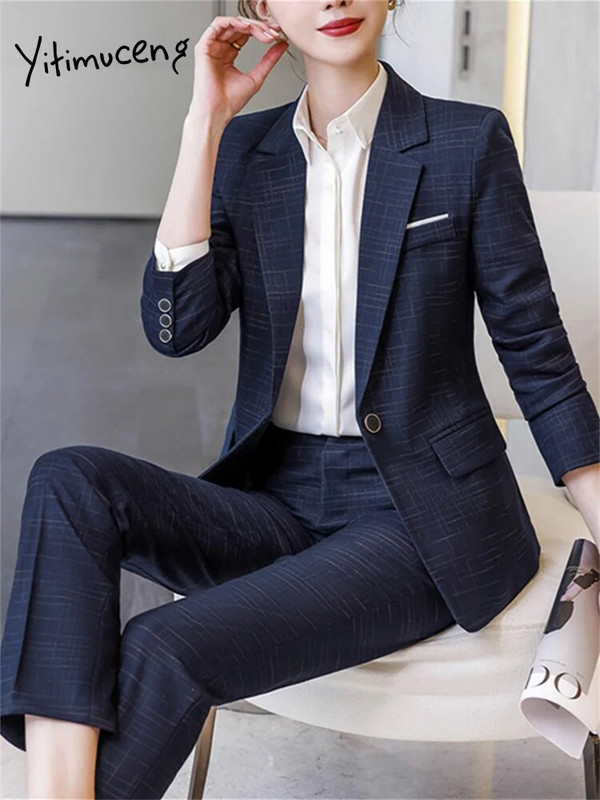 Yitimuceng Solid Sieviešu uzvalki Biroja komplekti 2023. gada jauni modes plāni, ar vienu pogu, garām piedurknēm, bleizeri ar augstu vidukli.