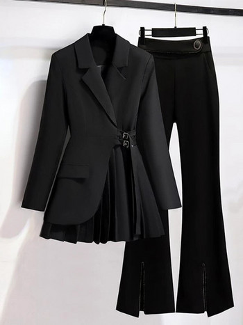 Γυναικεία κοστούμια Σετ γραφείου Νέο ανοιξιάτικο μακρυμάνικο μπλέιζερ τσέπης διπλωμένο γυναικείο μονόχρωμο παντελόνι καμπάνα Fashion Elegance Office Lady