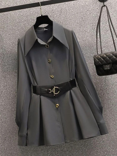 Sieviešu uzvalki Biroja komplekti Jauni pavasara žakete ar garām piedurknēm, salokāmi kabatas žaketi Sieviešu vienkrāsaini zvana dibeni Mode Elegance Biroja dāma