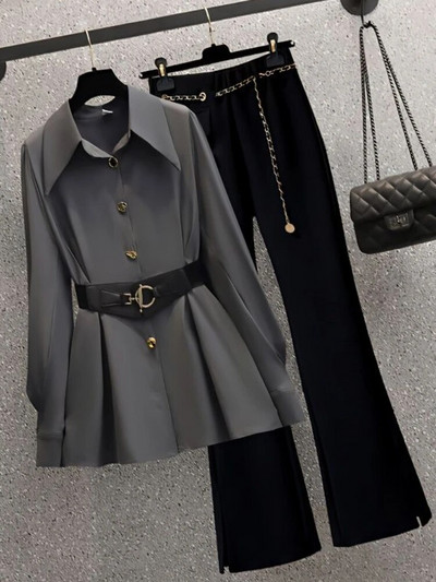 Sieviešu uzvalki Biroja komplekti Jauni pavasara žakete ar garām piedurknēm, salokāmi kabatas žaketi Sieviešu vienkrāsaini zvana dibeni Mode Elegance Biroja dāma