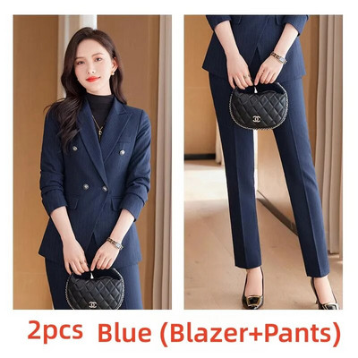 Divatos női formális 2 részes szettek 2023 őszi, kék, szürke, fekete blézer és nadrágkosztüm irodai női munkaruhák
