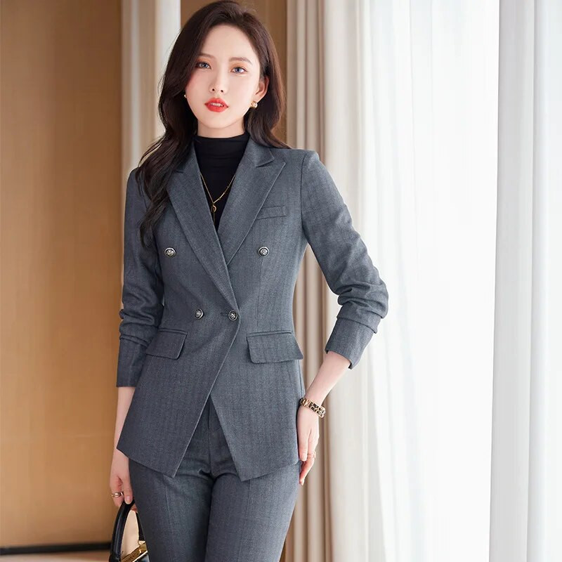 Divatos női formális 2 részes szettek 2023 őszi, kék, szürke, fekete blézer és nadrágkosztüm irodai női munkaruhák