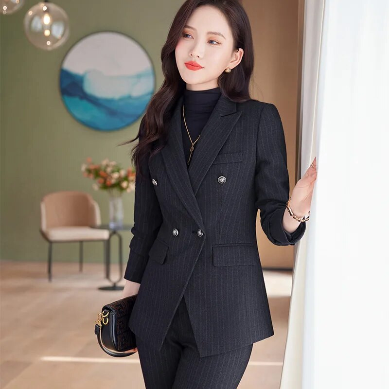 Divatos női formális 2 részes szettek 2023 őszi, kék, szürke, fekete blézer és nadrágkosztüm irodai női munkaruhák