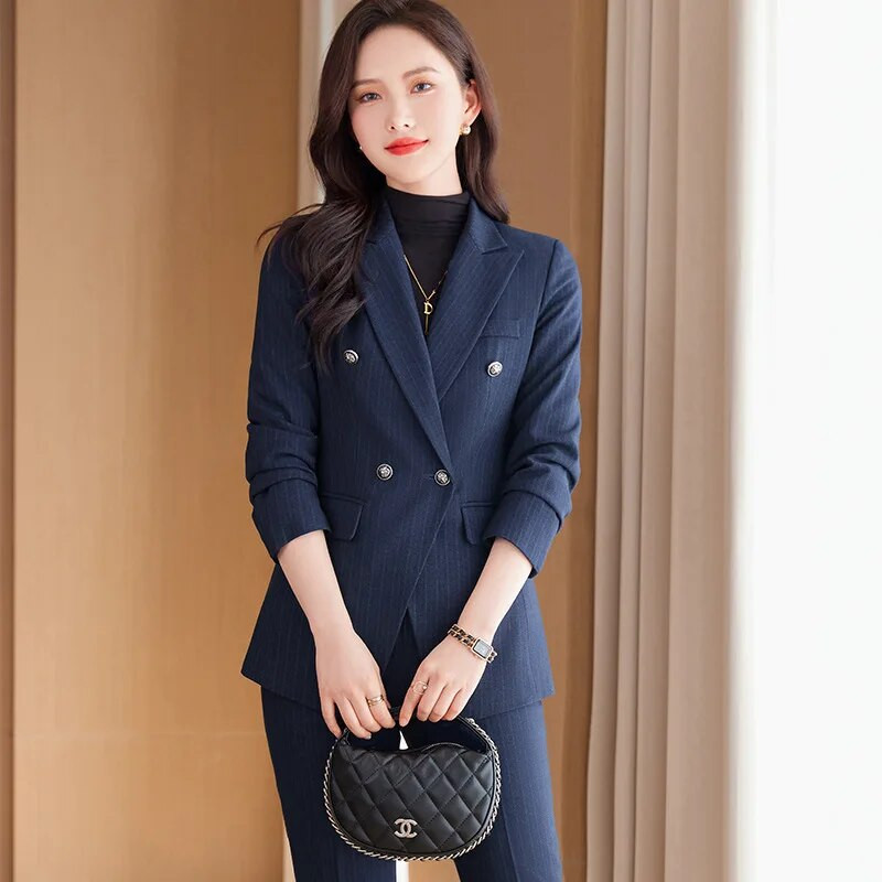 Divatos női formális 2 részes szettek 2023 őszi, kék, szürke, fekete blézer és nadrágkosztüm irodai női munkaruhák